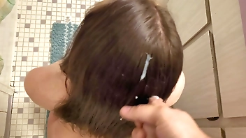 cumshot in hair fetish cum and brush through dry hair