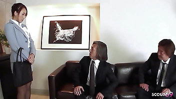 Asian Office Girl talk to DP and Anal MMF Threesome Fuck by two old Guys